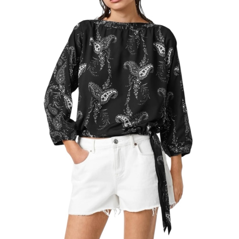 All Saints Laci Kashmir Black White Paisley Print Side Tie Puff Sleeve Blouse  4